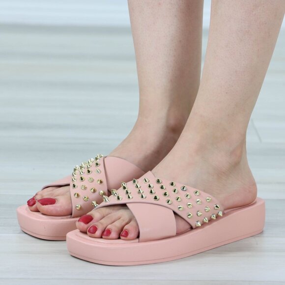 Pink Flat Sliders Sandals Slip On Faux Leather Gold Metal Stud Cross Over - Picture 12 of 14